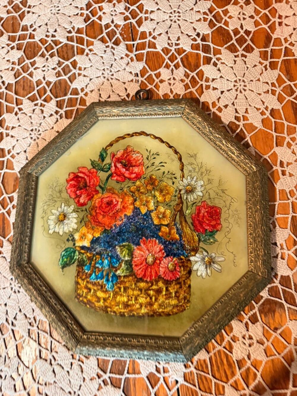 Vintage Dimensional Floral Basket Wall Plaque Octagon Decoupage Raised Flowers